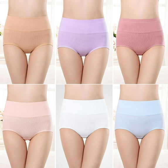 6PC Underwear for Women High Waisted Full Coverage Briefs Soft Ladies Panties Solid Color Cotton Breathable Briefs Panties for Women Postpartum Underwear for Women No Show Panties Briefs