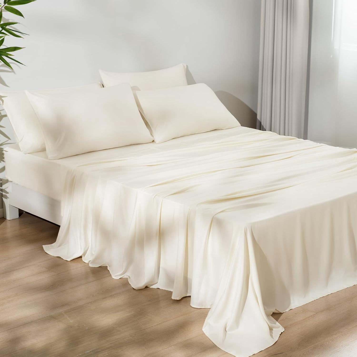 6PCS 100% Rayon Derived from Bamboo_ Sheets Set King Size, Cooling Sheets for Hot Sleepers, Wider Elastic Band & 16" Deep Pocket, Luxury Silky Soft Breathable Bedding Set & Pillowcase, Cream White