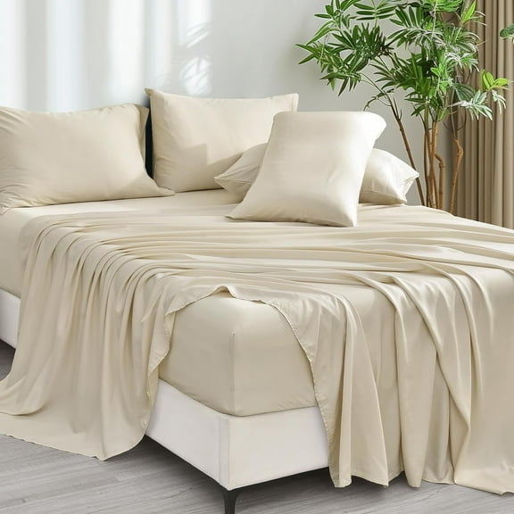 6PCS 100% Rayon Derived from Bamboo_ Sheets Set Queen Size, Cooling Sheets for Hot Sleepers, Wider Elastic Band & 16" Deep Pocket, Luxury Silky Soft Breathable Bedding Set & Pillowcase, Natural