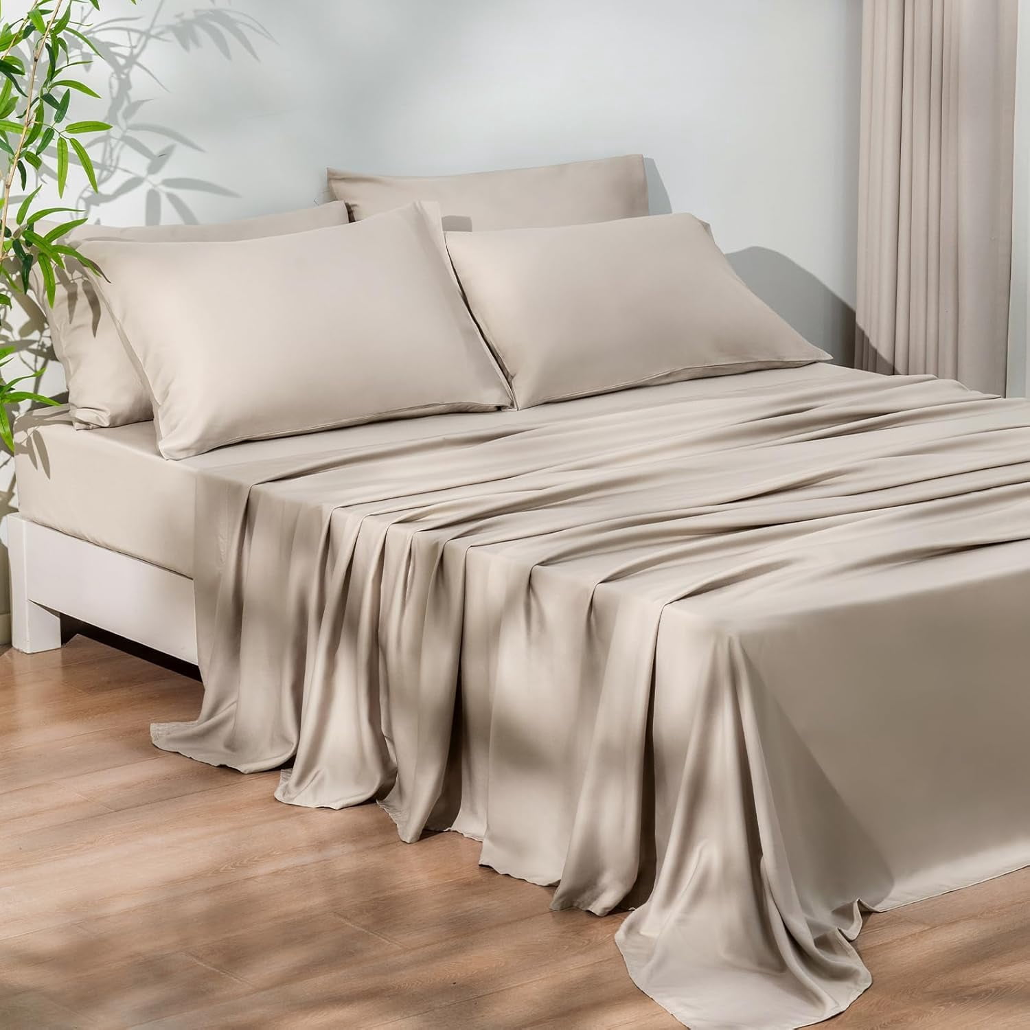 6PCS 100% Rayon Derived from Bamboo_ Sheets Set Queen Size,Cooling Sheets for Hot Sleepers,Wider Elastic Band & 16" Deep Pocket,Luxury Silky Soft Breathable Bedding Set & Pillowcase, Light Taupe