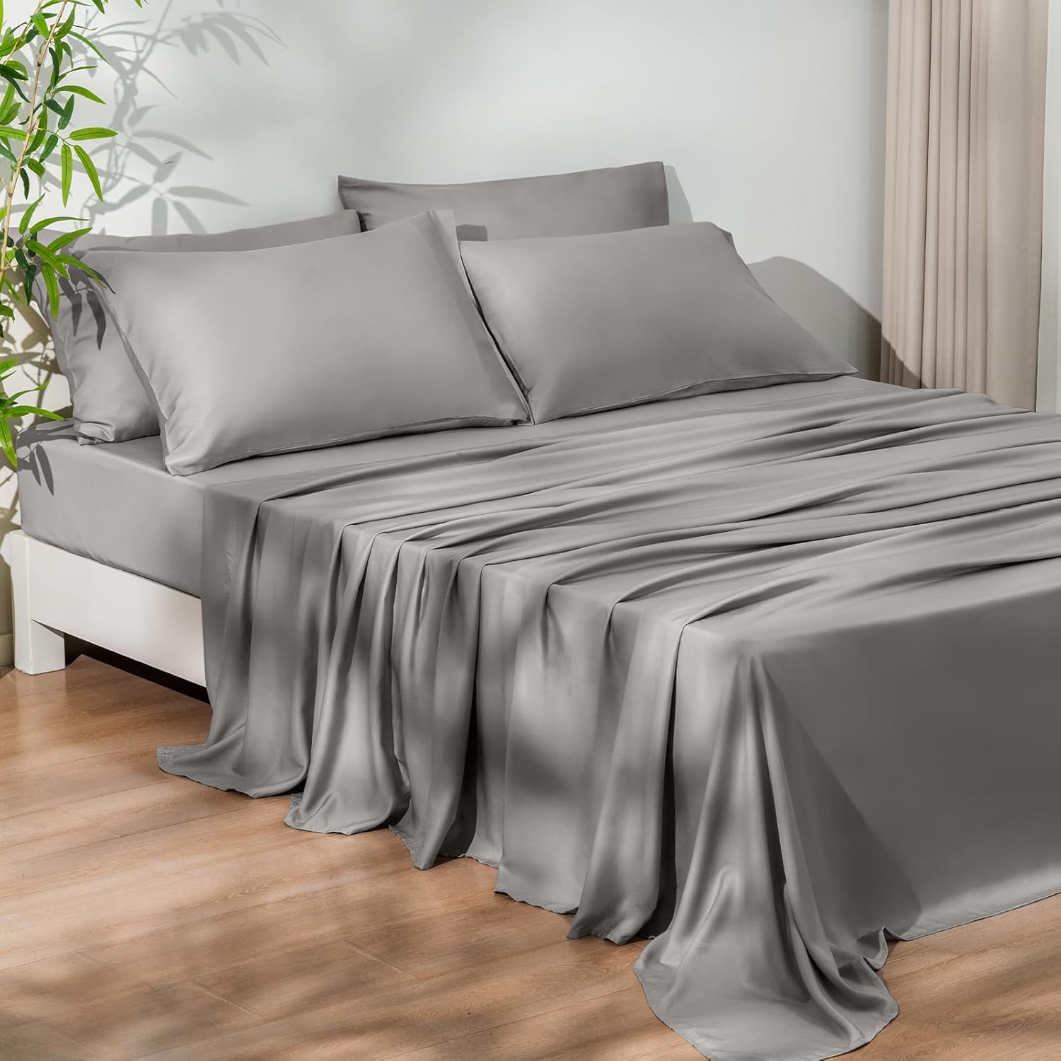 6PCS 100% Rayon Derived from Bamboo_ Sheets Set Queen Size, Cooling Sheets for Hot Sleepers, Wider Elastic Band & 16" Deep Pocket, Luxury Silky Soft Breathable Bedding Set & Pillowcase, Gray Mist