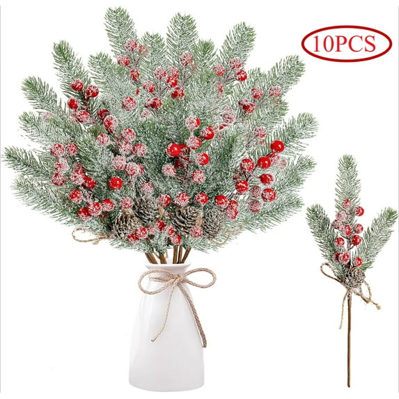 6PCS/10PCS Snow Frosted Christmas Berries Pine Picks Artificial Red Berry Pine Branches Faux Pine Stem with Pine Cones for Xmas Tree Wreath DIY Craft Floral Arrangement Holiday Decor