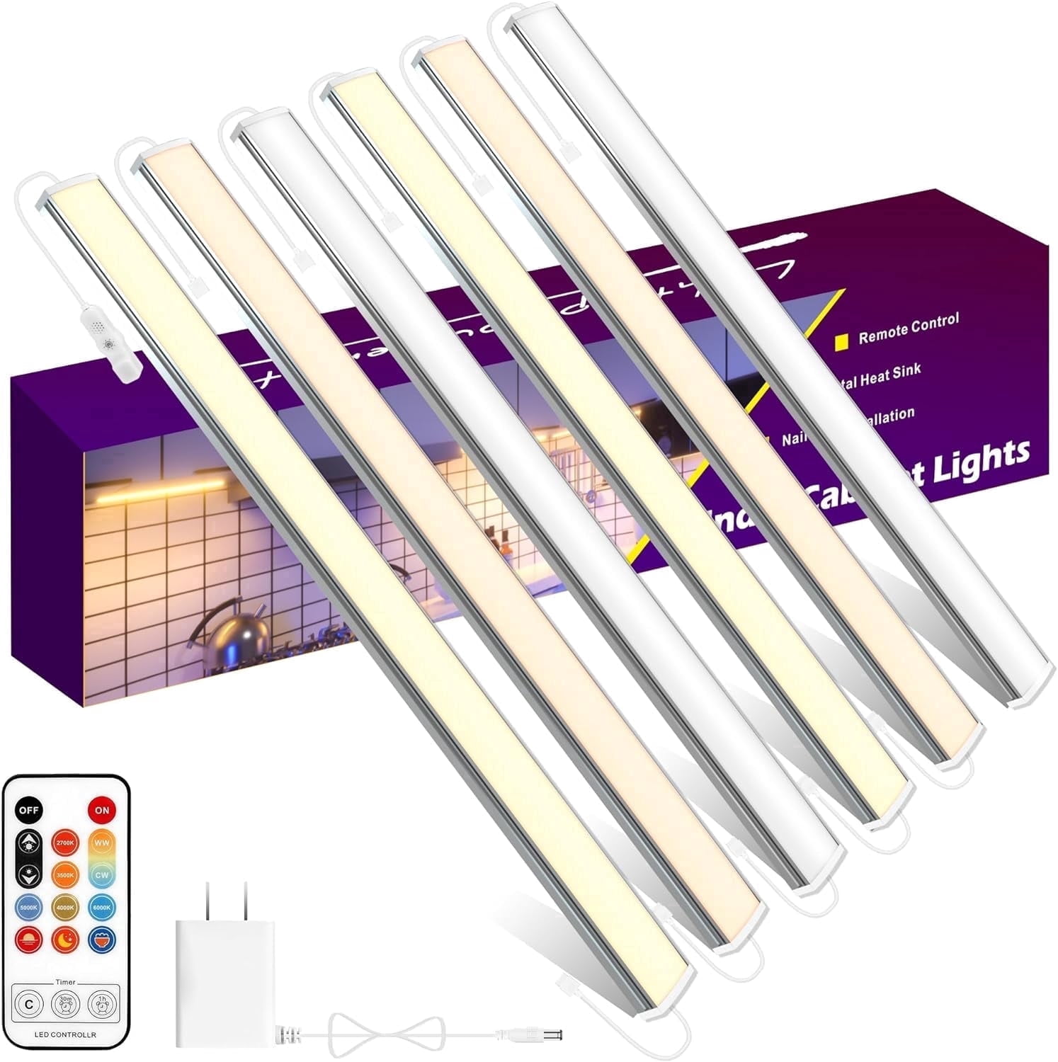 6PCS 12" Under Cabinet Lights, LED Kitchen Countertop Lighting, Support 5 Color Temperatures, Remote Control, Dimmable, Suitable for Under Cabinets, Kitchen Countertops, Work Surfaces