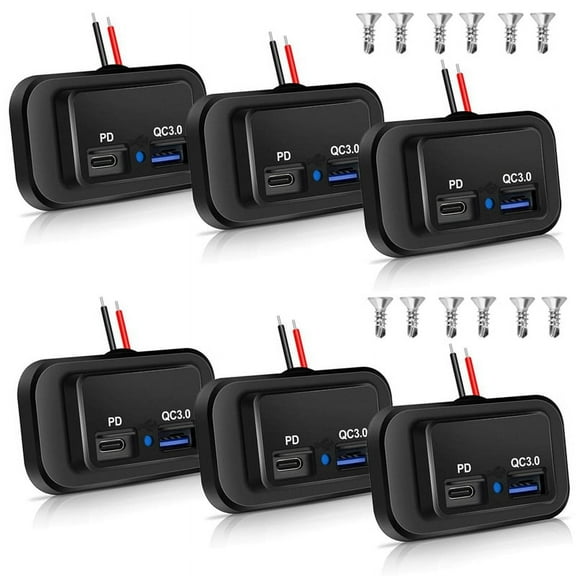 6PCS 12V/24V RV USB Outlet, Dual PD3.0 Type-C (USB C) & Quick Charge QC3.0 USB-A Port Panel Mount Car Socket Charger