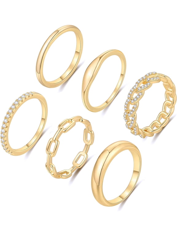 6PCS 14K Gold/Silver Plated Ring Set for Women Teens Cubic Zirconia Chunky Signet Stackable Ring Plain Band Thumb Finger Ring Size 6-10