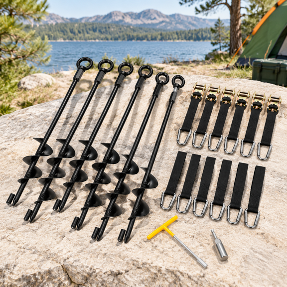 6PCS 18" Solid Steel Trampoline Anchor Kit with Ratchet Straps for Outdoor Setup