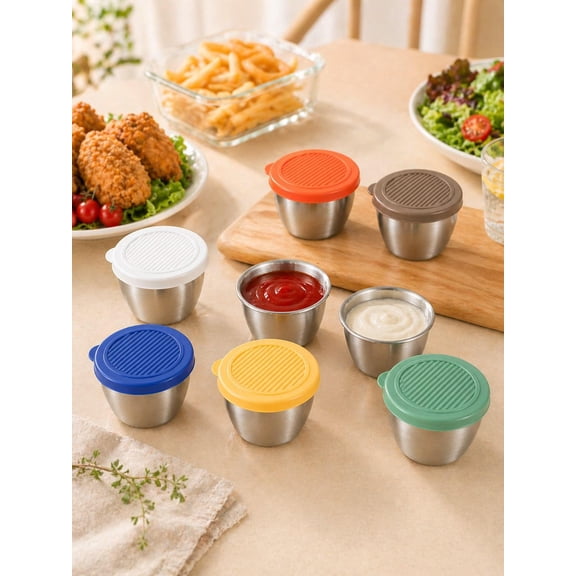 6PCS 2 7oz Sauce Cups With Lids Stainless Steel Mini Condiment Containers For Dips Lunch Box Leak Resistant Random Color