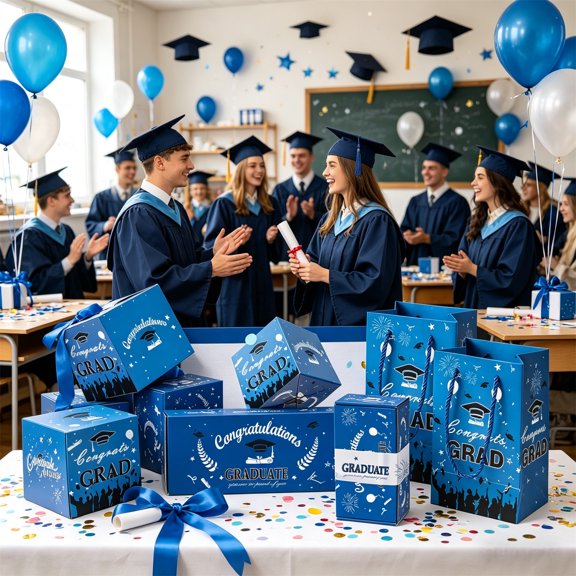 6PCS 2026 Graduation Season Blue Bouncing Surprise Gift Box, Romantic Present Case in Multiple Sizes, Creative Festive Packaging Box for Grad Party Gifting and Holiday Surprise Making