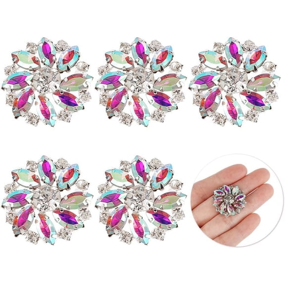 6PCS 26.5MM Flower Brass Rhinestone Shank AB Color Sew On Buttons with 1-Hole and Flat Back Fashion Claw Rhinestone Snowflake Metal Buttons