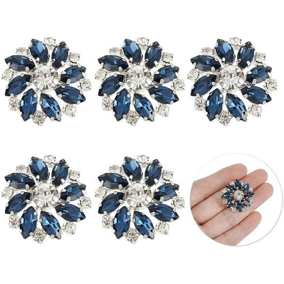 6PCS 26.5MM Flower Brass Rhinestone Shank Buttons Montana Blue Color Sew On Buttons with 1-Hole and Flat Back Fashion Claw Rhinestone Snowflake Metal Buttons for Sewing Crafts