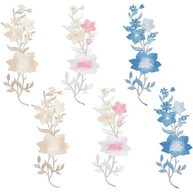 6PCS 3 Colors Flowers Iron On Patch Embroidered Applique Fabric Plum Blossom Applique Clothing Embroidery Patch Fabric Sticker for Craft Sewing Repair