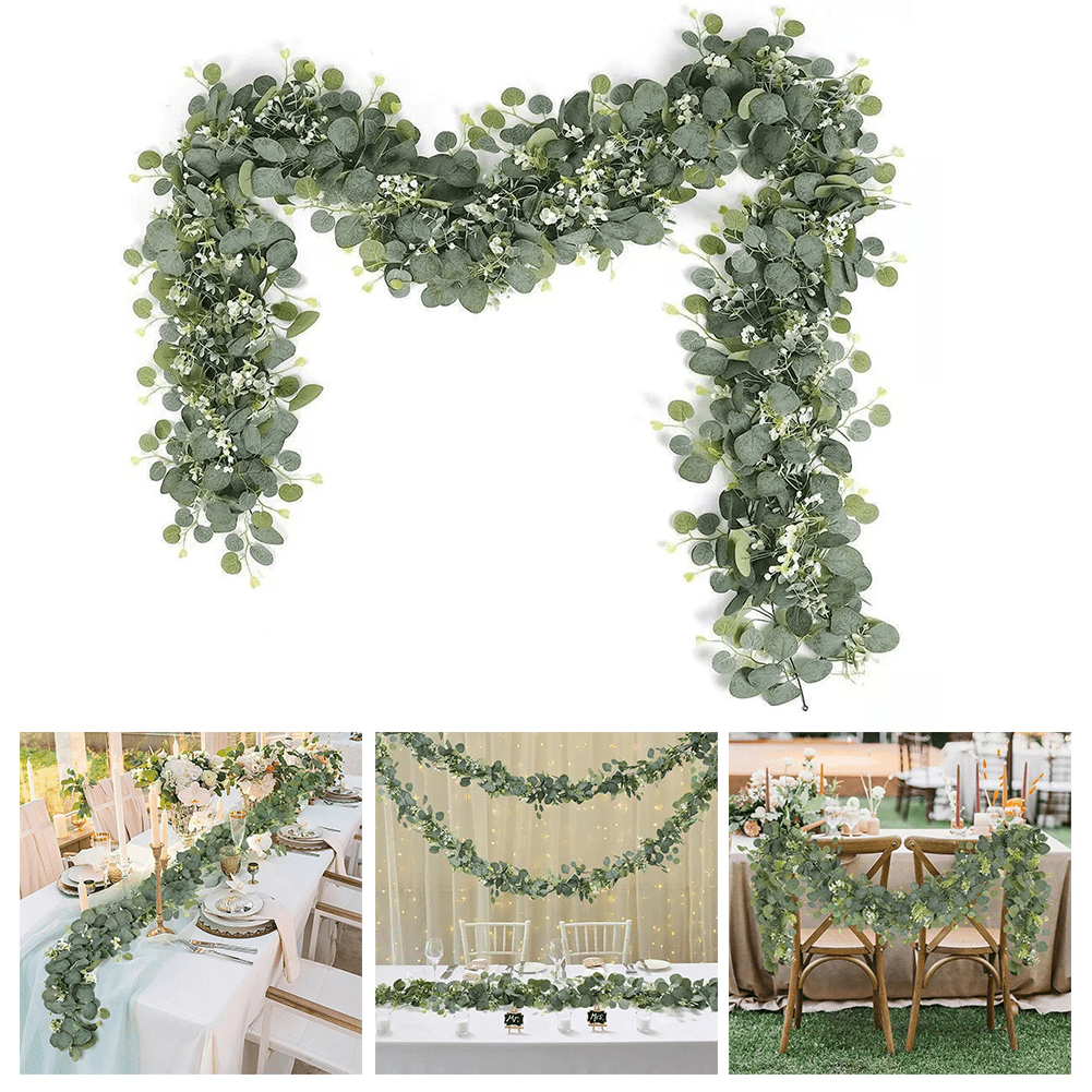 6PCS 35Ft Artificial Eucalyptus Greenery Plant Fake Leaves Garland Wreath Fake Vines with White Flowers Table Runner for Wedding Arch Home Party Mantle Decor