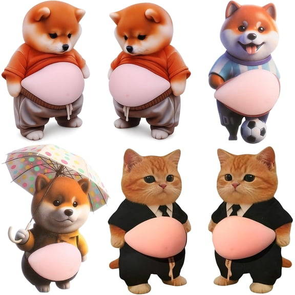 6PCS 3D Dog Cat Belly Mochi Squishy Stickers, Funny Stress Relief Fidget Toy, Cute Squeezable Animal Sticker for Phone Laptop Decor (1 Set)