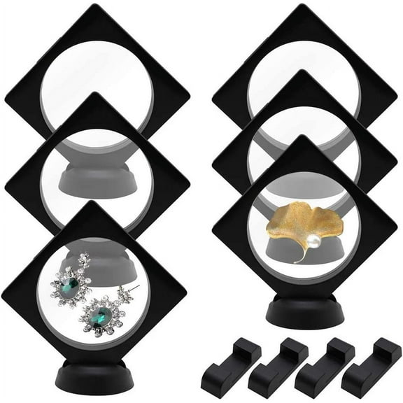 6PCS 3D Floating Frame Display Stands, Transparent Display Floating Frame Holder with Bases, Challenge Coin Holder Showcase for Jewelry, Medallions, Antique, Specimens, 3.54x3.54 Inch