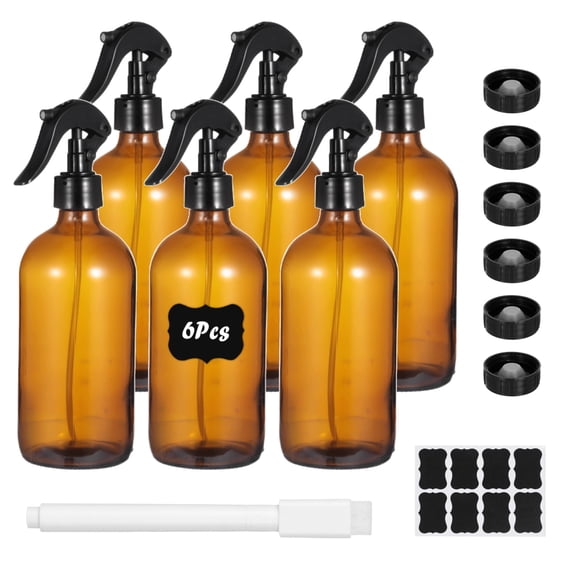 6PCS 500ml Empty Amber Glass Spray Bottle Set with Labels and Pen, Refillable Container for Essential Oils, Trigger Sprayer, Adjustable Nozzl, Leakproof