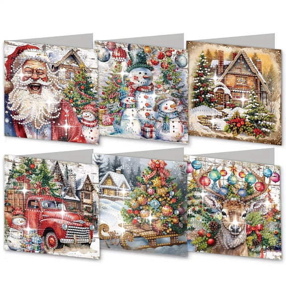 6PCS 5D DIY Diamond Painting Christmas Cards with Envelopes, Handmade Rhinestone Holiday Greeting Cards Gift for Adults