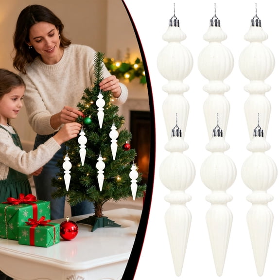 6PCS 6.7inch Flocked Finial cone-shaped Christmas Tree Ornaments For Xmas Tree Winter Holiday Fireplace Window Door Decoration,White