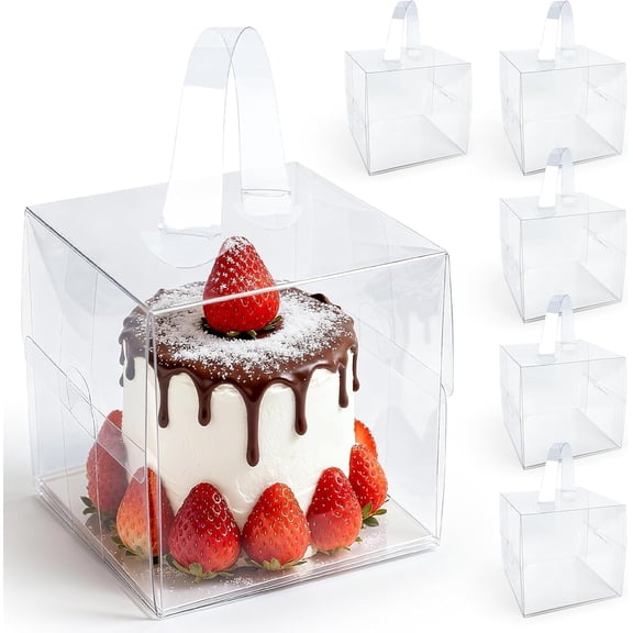 6PCS 6x6x5Inch Clear Cake Boxes - Mini Clear Gift Box with Portable Carry Handle & Boards,Transparent Treat Boxes Hold Cake,Donut,Pastries,Cookies for Wedding, Birthday, Christmas, Party