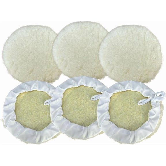 6PCS 7 Inch Wool Car Buffing Pads, Lamb Fleece Polishing Pad Buffer Polisher Bonnets, Drawstring Design Drill Attachment for Detailing, Glass, Furniture