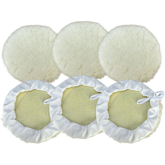6PCS 7 Inch Wool Car Buffing Pads Lamb Fleece Polishing Pad Buffer Polisher Bonnets Drawstring Design Drill Attachment for Detailing Glass Furniture