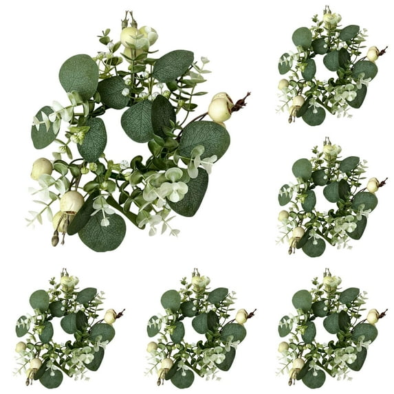 6PCS 9.84IN Eucalyptus Candle Wreath Centerpiece with Artificial Greenery Leaves Ring, Boho Farmhouse Decor for Wedding Tabletop Pillar Candle Holder Kitchen Cabinet Door Wall Window Home Decor
