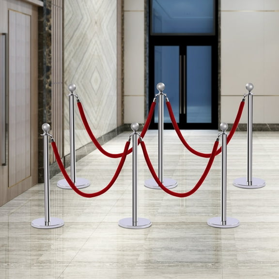 6PCS 95cm Stanchion Posts Queue Barrier Crowds Control Silver with Red Velvet Ropes Opening Theater Museum Red Carpet