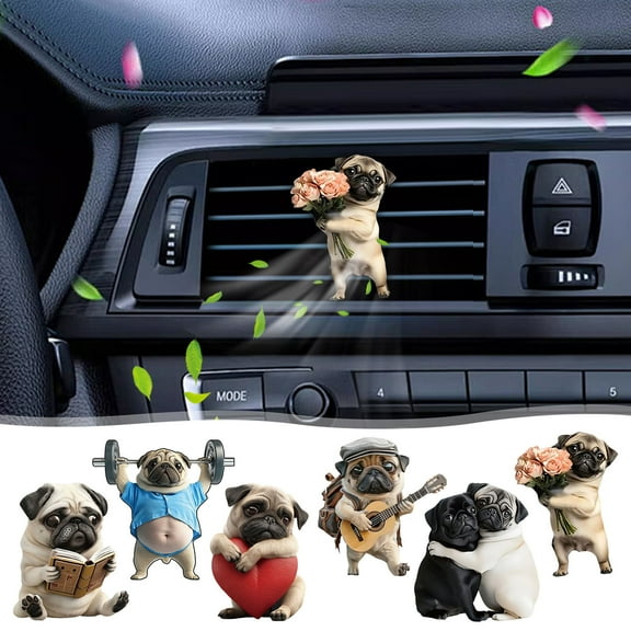 6PCS Adorable Pug Acrylic Car Air Vent Fragrance Diffuser, Car Decorations Interior, Acrylic 2D Flat Cute Pug Car Interior Accessories Dog Hanging Decoration Car Air Aromatherapy Decoration