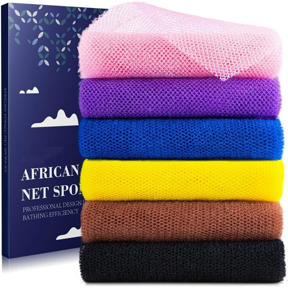 6PCS African Bath Net Sponge Set , Extra Long Exfoliating Body Scrubber for Shower , Reusable Mesh Wash Cloth for Dead Skin Removal