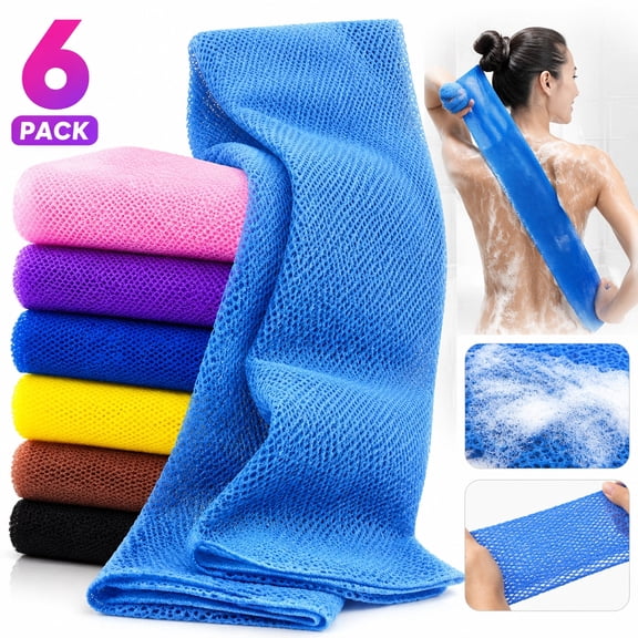6PCS African Bath Net Sponge Set , Extra Long Exfoliating Body Scrubber for Shower , Reusable Mesh Wash Cloth for Dead Skin Removal
