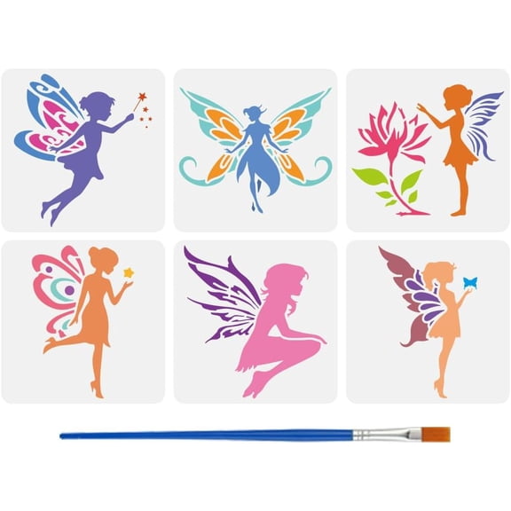 6PCS Angel Silhouette Stencils for Painting with Brush 5.9x5.9inch Reusable Fairy with Wings Template Hollowed Flower Stars Butterfly Stencil Fantasy Theme Template for Wall Decoration