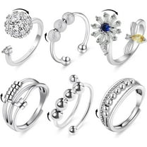 6PCS Anti Anxiety Fidget Ring for Women, Open Adjustable Ring, CZ Cubic Zirconia Diamond Rings, Rotatable Bead Rings, Bee Daisy Rings Set for Women Stress Relief