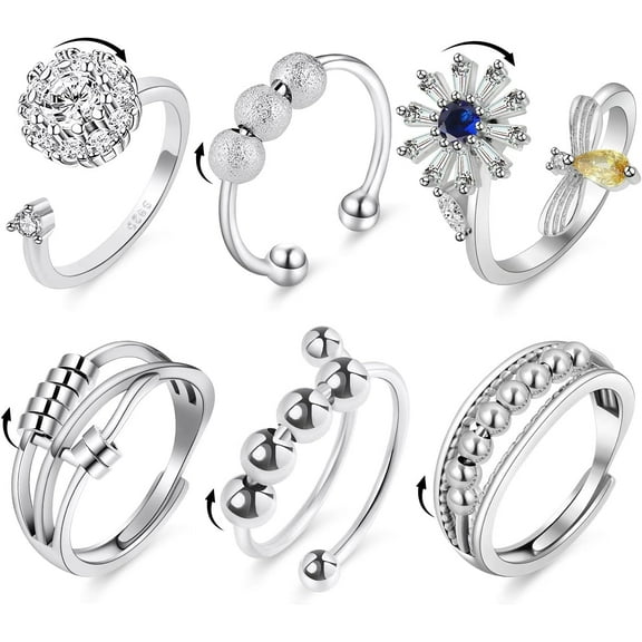 6PCS Anti Anxiety Fidget Ring for Women, Open Adjustable Ring, CZ Cubic Zirconia Diamond Rings, Rotatable Bead Rings, Bee Daisy Rings Set for Women Stress Relief