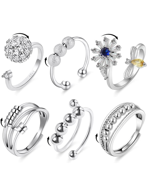 6PCS Anti Anxiety Fidget Ring for Women, Open Adjustable Ring, CZ Cubic Zirconia Diamond Rings, Rotatable Bead Rings, Bee Daisy Rings Set for Women Stress Relief