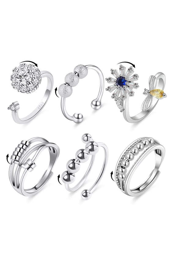 6PCS Anti Anxiety Fidget Ring for Women, Open Adjustable Ring, CZ Cubic Zirconia Rings for Women Stress Relief