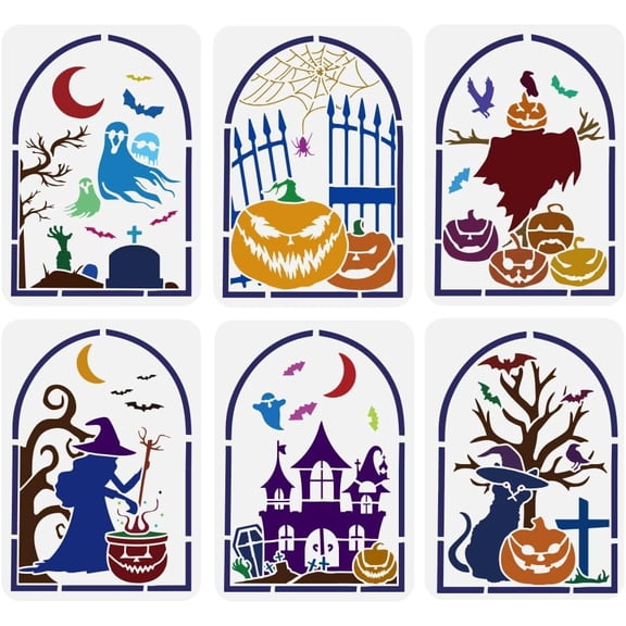 6PCS Arch Haunted House Stencils 8.3x11.7inch Happy Painting Stencil Scary Haunted House Decorative Stencil for Painting on Wood Wall Furniture Home Decor