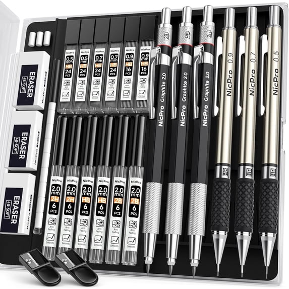 6PCS Art Mechanical Pencil Set, 3PCS Metal Drafting 0.5 mm & 0.7 0.9 2mm Graphite Lead Holder (2B HB 2H) For Writing, Sketching Drawing With Refills Case