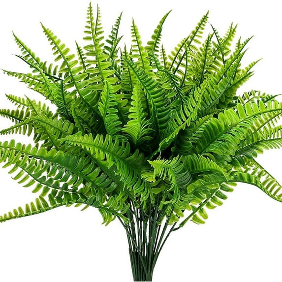 6PCS Artificial Boston Fern, Fake Boston Fern Greenery Outdoor UV Resistant No Fade Faux Plastic Plants Garden Porch Window Box Decorating