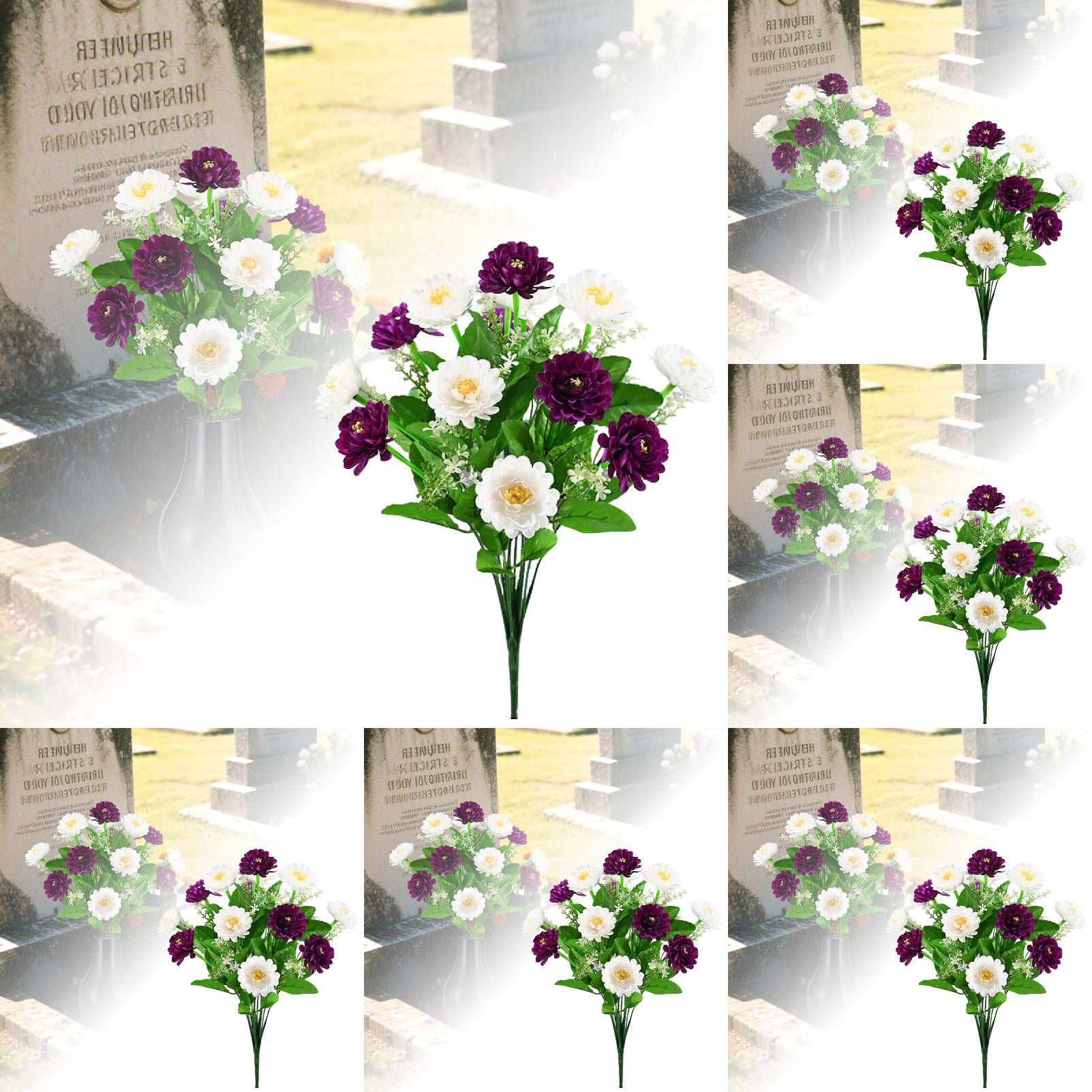 6PCS Artificial Cemetery Flowers for Graves - Durable Silk Floral Arrangements for Outdoor Headstones, Memorial Decor, Funeral Flowers (Rose, Lily, Chrysanthemum) All Season Grave Decorations