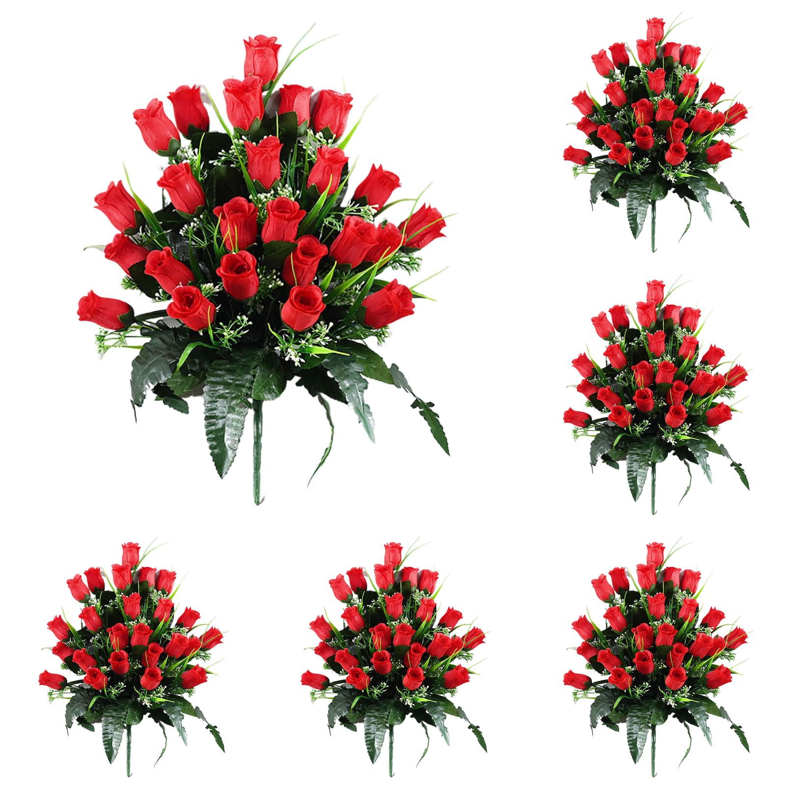 6PCS Artificial Cemetery Flowers - Outdoor Grave Decorations with Rose Bouquets,Saddle Flowers for Headstones - Beautiful Sympathy Arrangements with Vase for Lasting Memorial Decor