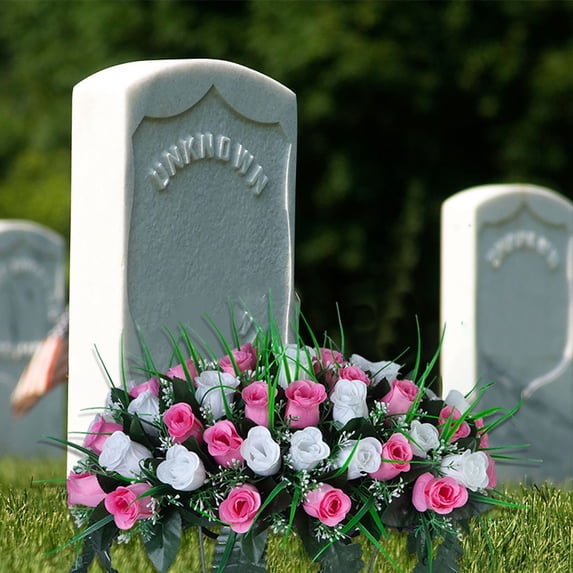 6PCS Artificial Cemetery Flowers - Realistic Silk Rose Bouquet with Headstone Saddle, Outdoor Grave Decorations, Non-Fading Colors for Memorials & Gravesites