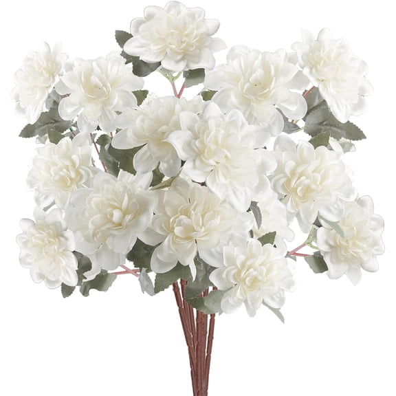 6PCS Artificial Daisy Mums Flowers with Stem, Silk Dahlia Flowers Arrangement for Home Party Wedding Bouquet Winter Table Centerpieces Decor (White)