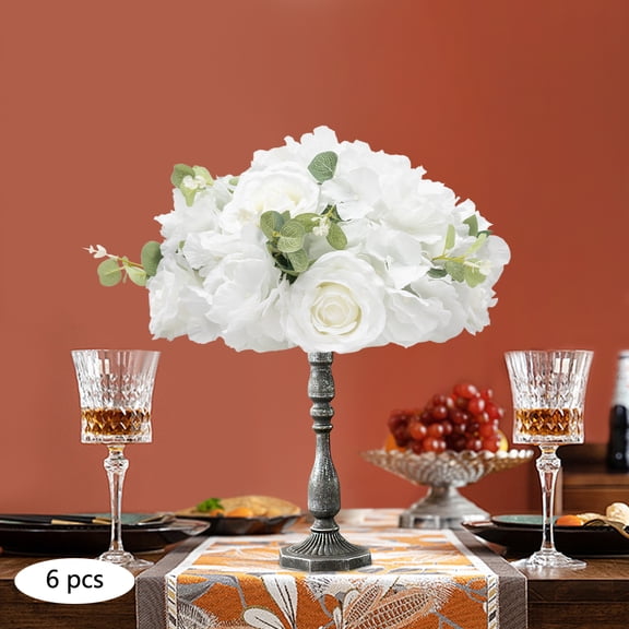 6PCS Artificial Flower Balls, Silk White Green Hydrangea Roses, 13.4x7.48in Reusable Decor for Wedding Party Home