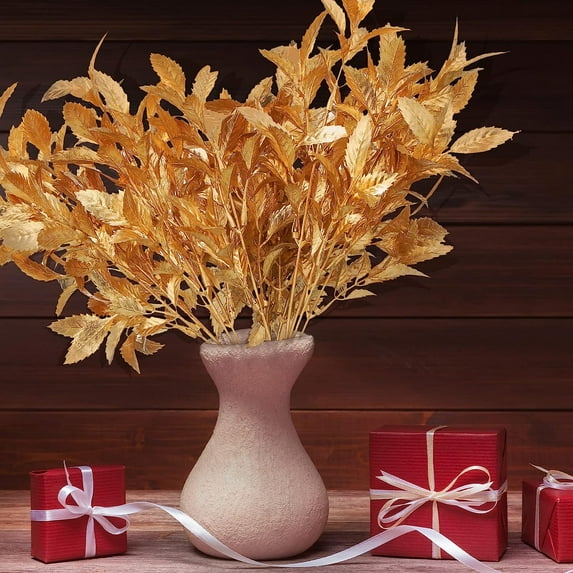 6PCS Artificial Gold Leaves Plants for Christmas Decoration, Plastic Grass Fake Shrubs Simulation Leaves Golden Flowers Home Indoor Outdoor DIY Planter Vase Filler Garden Wedding Xmas Decoration