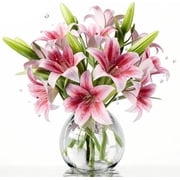 6PCS Artificial Lilies Set with 12 Heads Fully Bloomed Lilies and 6 Buds, Short Stem Real Touch Artificial Flowers for Home Hotel Flower Arrangement Party Decor Pink