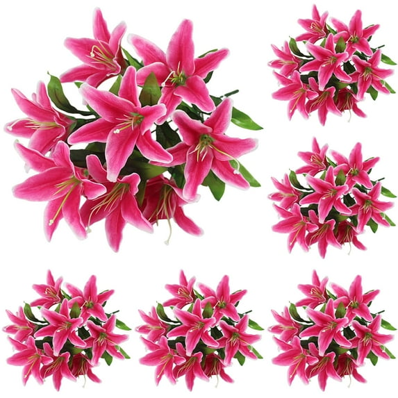 6PCS Artificial Lily Flowers - 10 Head Lily Bouquet for Wedding Centerpieces, Home Decor - Realistic Silk Flowers for Vases, Hotel, Office, Party Decorations - Elegant Floral Arrangement