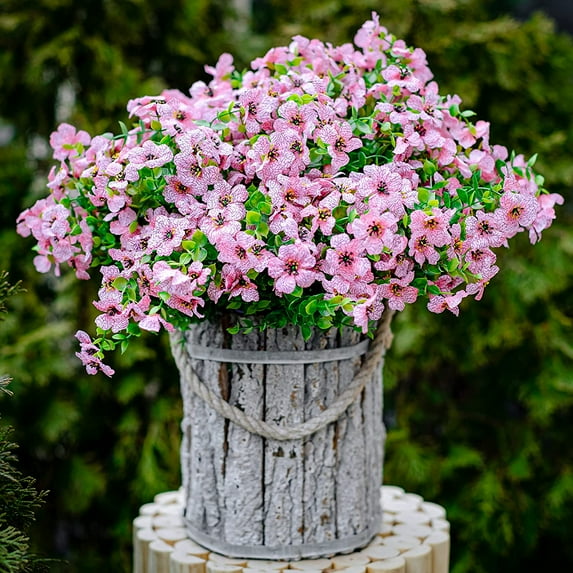 6PCS Artificial Violet Flowers for Outdoors Fake Plants Faux Outside Boxwood No Fade UV Resistant Plastic Shrubs Spring Home Decor Farmhouse Garden Greenery(Pink)