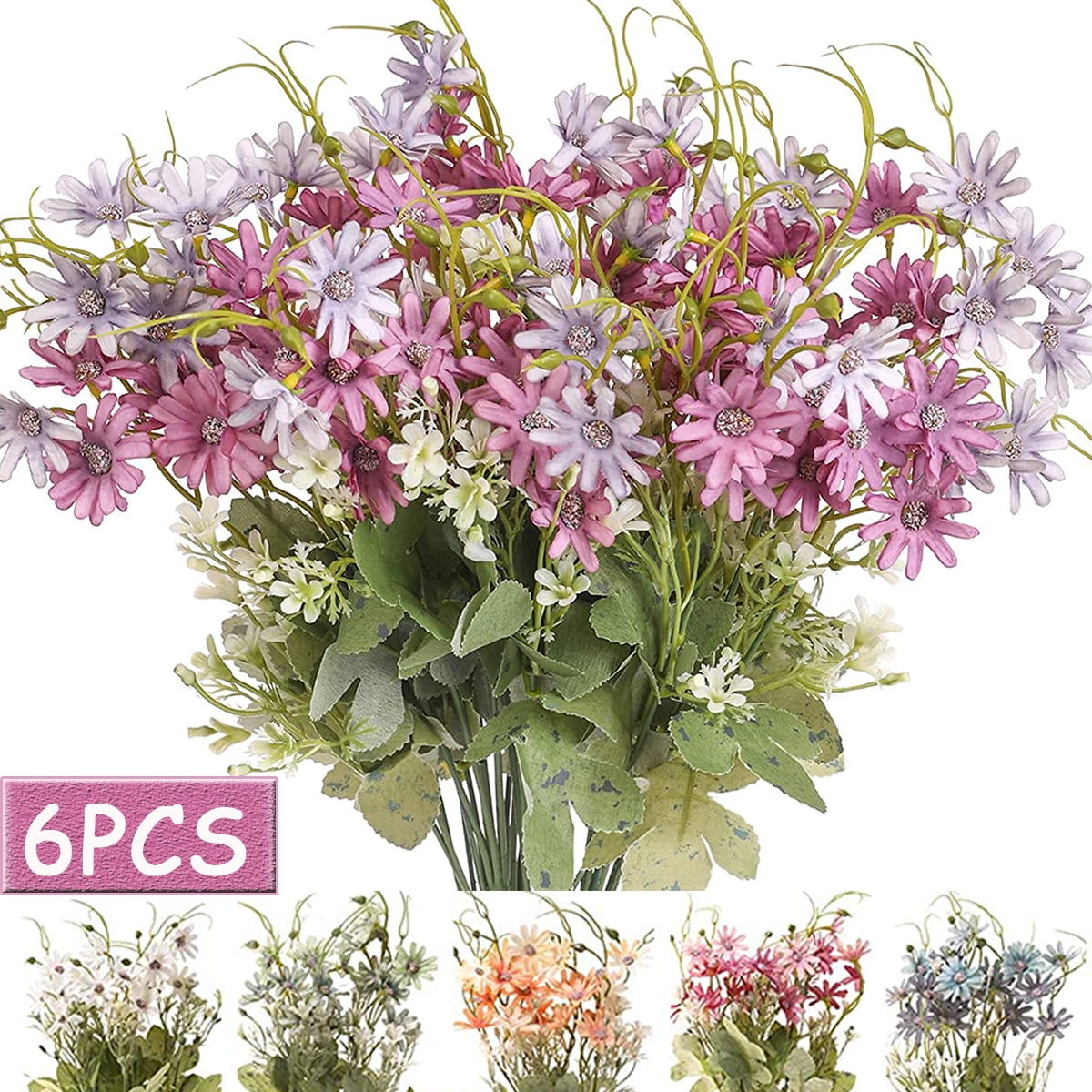 6PCS Artificial Wildflowers Spring Flowers Outdoor Fake Daisy Bouquets