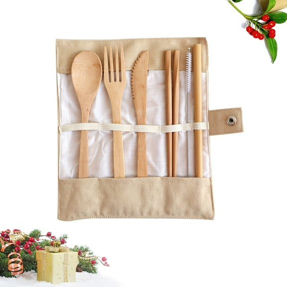 6PCS Bamboo Tableware Set Portable Outdoor Flatware Eco-friendly Travel Cutlery Food Serving Kit (Khaki)