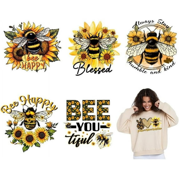 6PCS Bee Sunflower Iron on Transfer Paper Blessed Heat Transfer Sticker Patches for DIY Clothes Letters Decor DTF Transfers Ready to Press for T-Shirt Clothing Jackets Hoodies Backpacks Bag for DIY