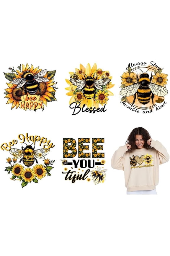 6PCS Bee Sunflower Iron on Transfer Paper Blessed Heat Transfer Sticker Patches for DIY Clothes Letters Decor DTF Transfers Ready to Press for T-Shirt Clothing Jackets Hoodies Backpacks Bag Colorful